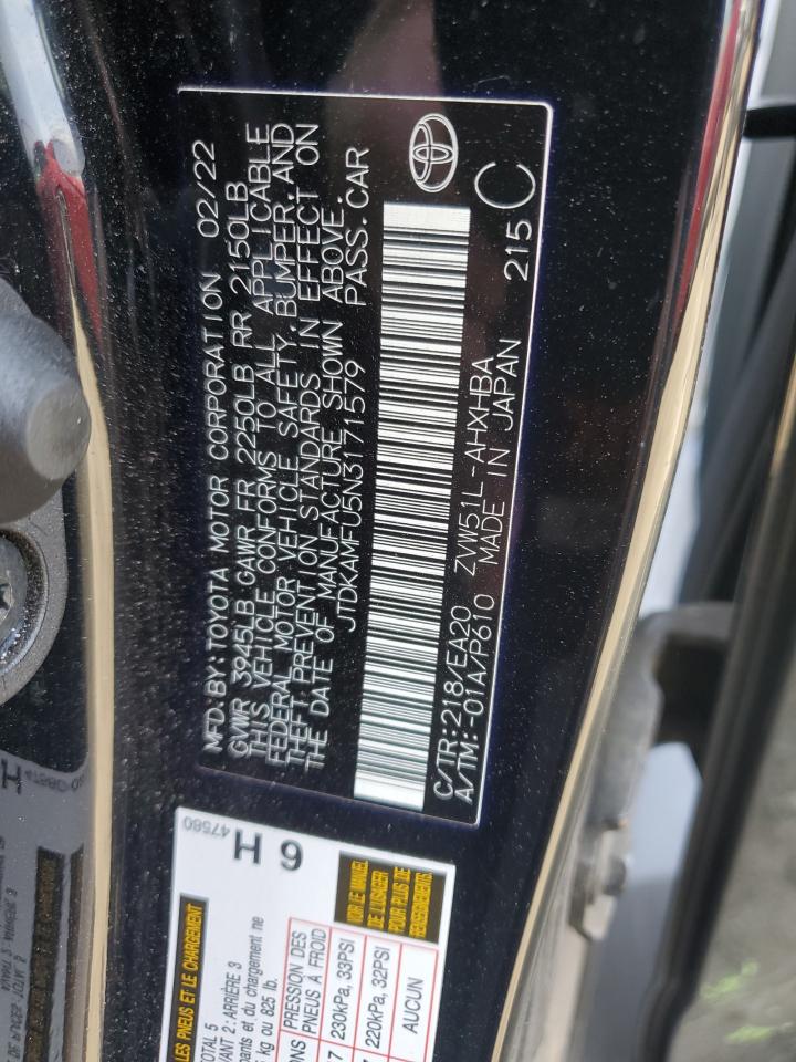 2022 Toyota Prius VIN JTDKAMFU5N3171579 Copart auction photo, front end damage thumbnail 13
