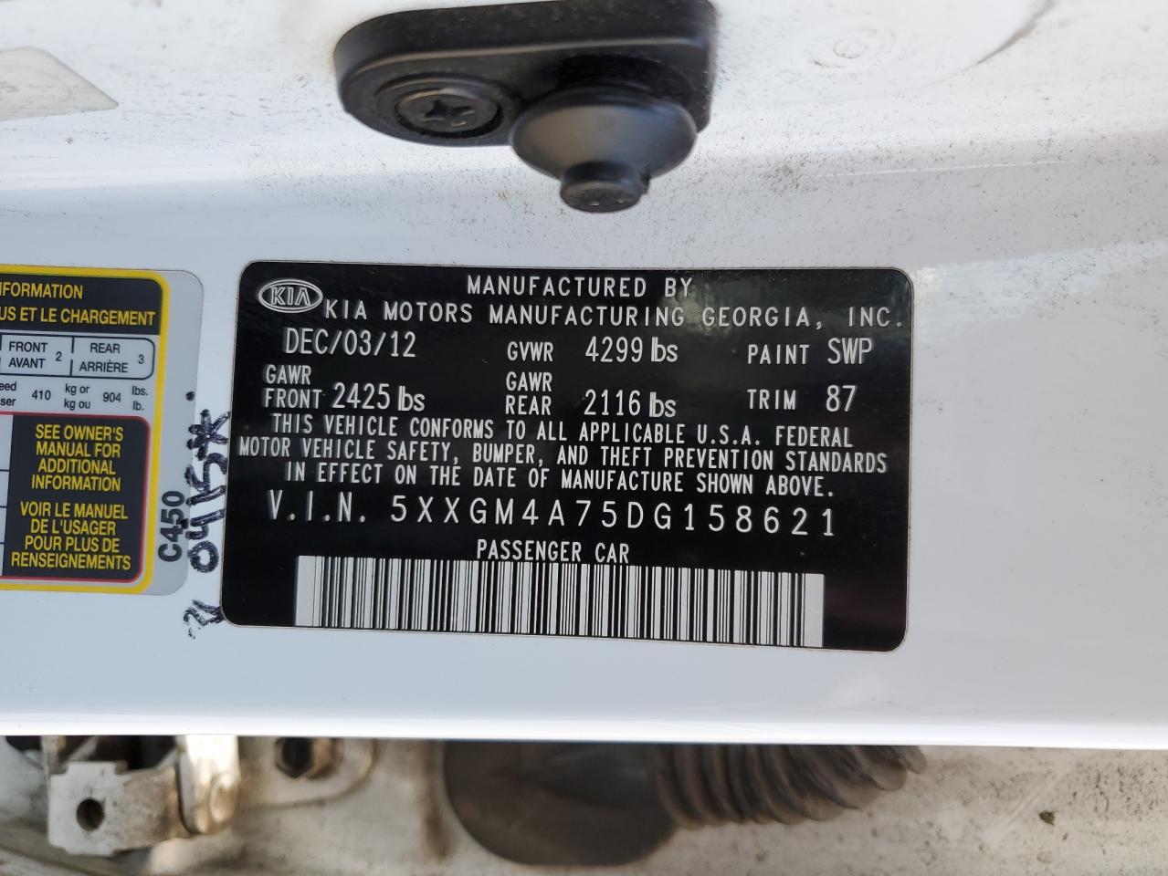 2013 KIA Optima VIN 5XXGM4A75DG158621 Copart auction photo, vandalism / side damage thumbnail 14