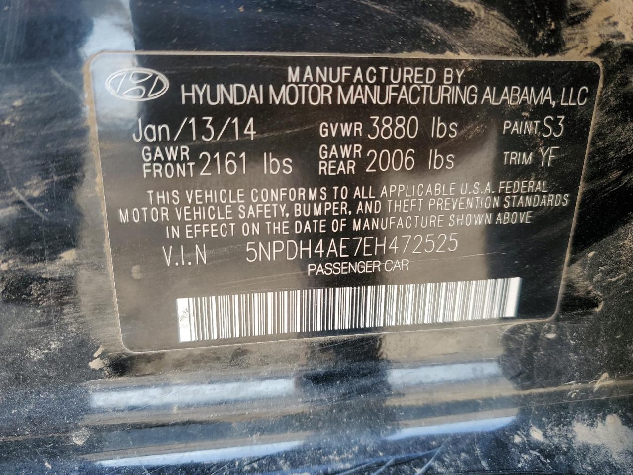 2014 Hyundai Elantra VIN 5NPDH4AE7EH472525 Copart auction photo, rear end / minor dent/scratches damage thumbnail 13