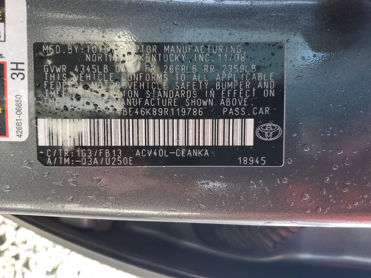 2009 Toyota Camry VIN 4T4BE46K89R119786 Copart auction photo, rear end damage thumbnail 12