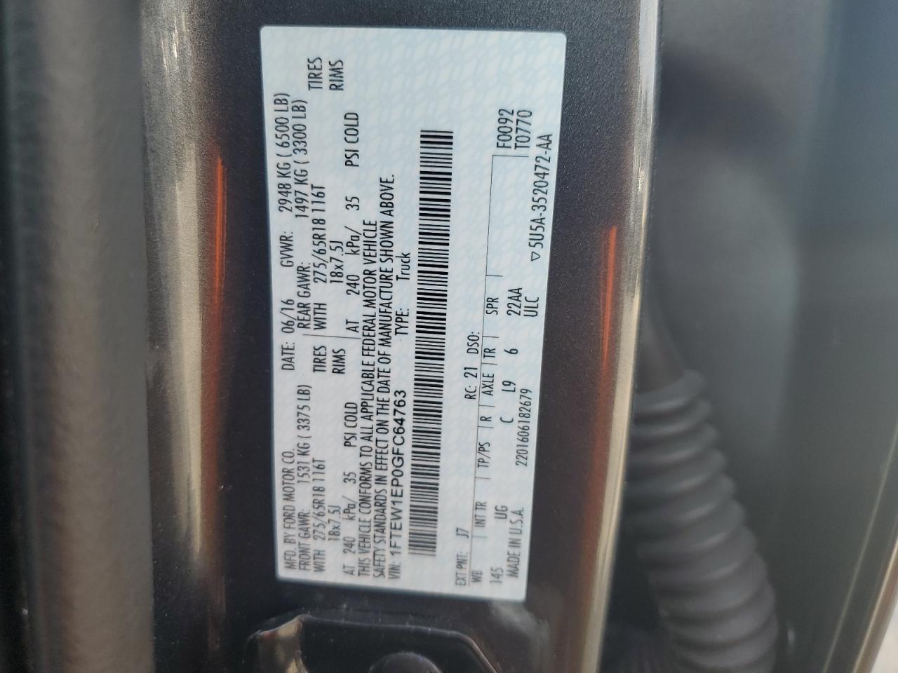 2016 Ford F-150 VIN 1FTEW1EP0GFC64763 Copart auction photo, front end damage thumbnail 14