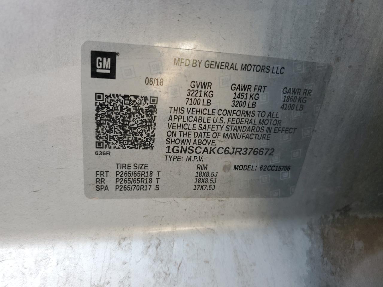 2018 Chevrolet Tahoe VIN 1GNSCAKC6JR376672 Copart auction photo, front end / frame damage damage thumbnail 13