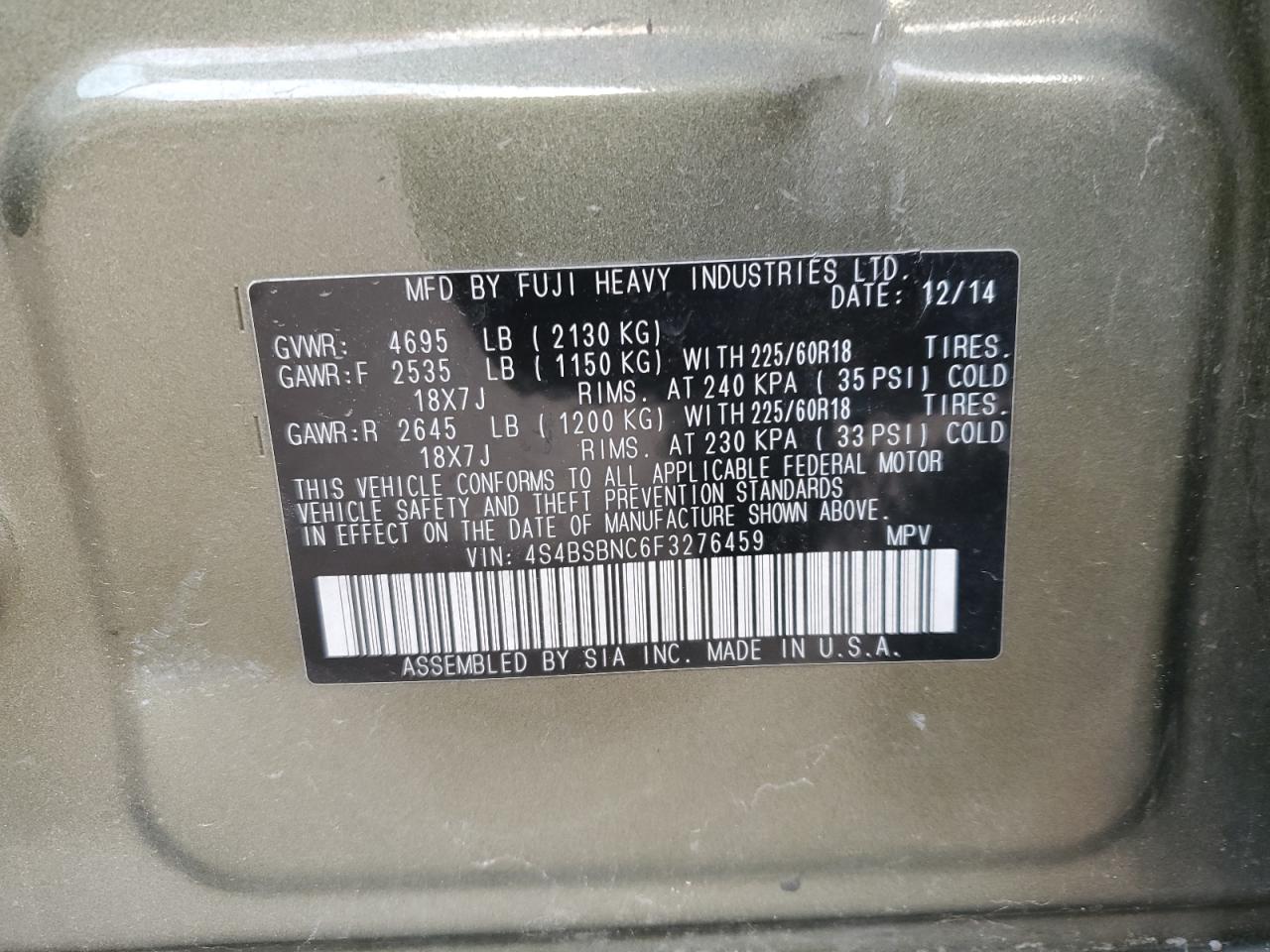2015 Subaru Outback VIN 4S4BSBNC6F3276459 Copart auction photo, side damage thumbnail 12