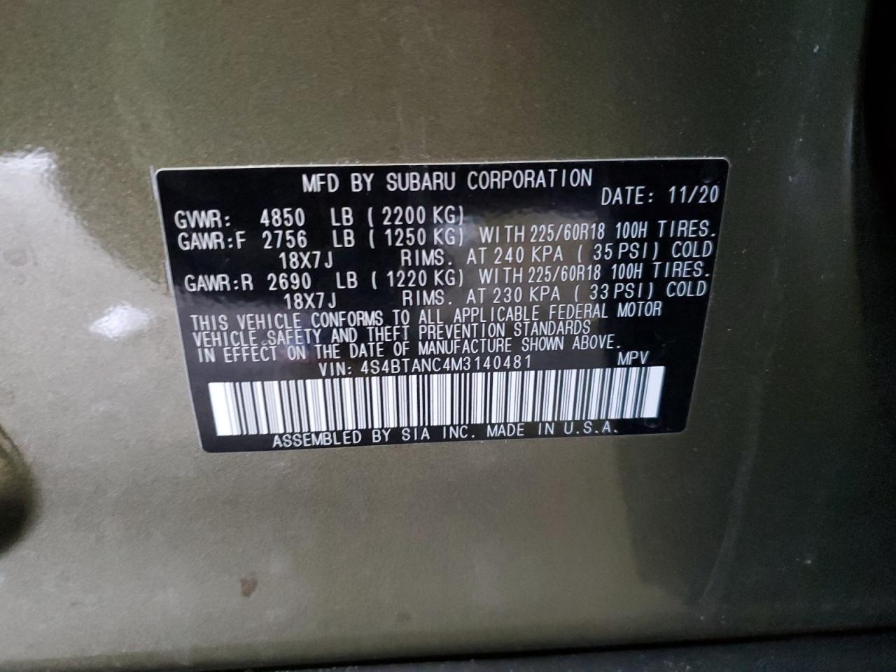 2021 Subaru Outback VIN 4S4BTANC4M3140481 Copart auction photo, front end damage thumbnail 13