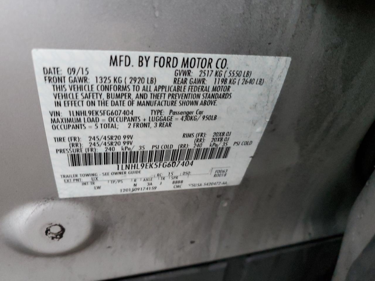 2015 Lincoln MKS VIN 1LNHL9EK5FG607404 Copart auction photo, front end / rear end damage thumbnail 13