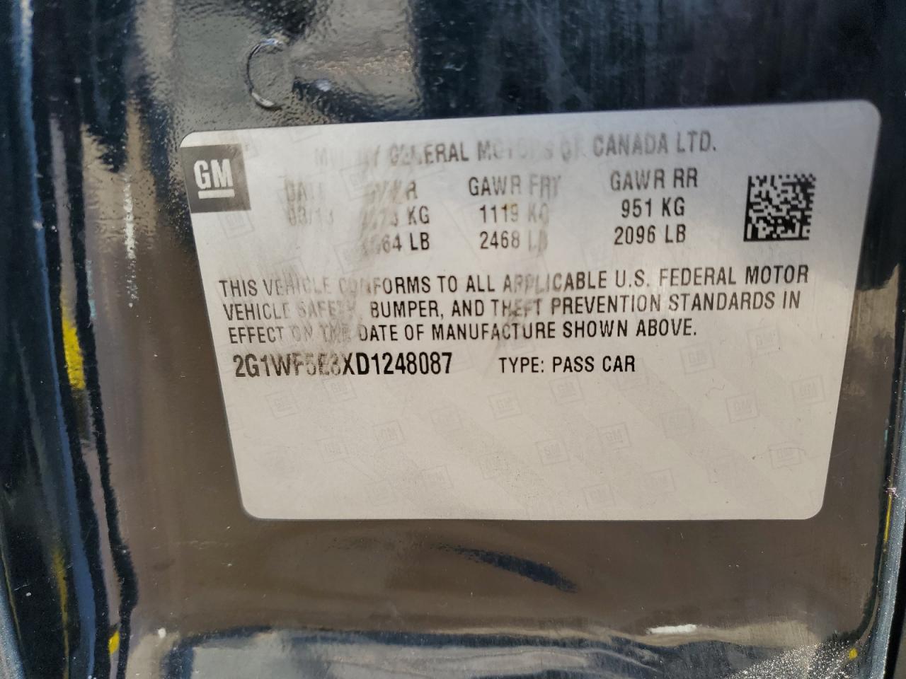 2013 Chevrolet Impala VIN 2G1WF5E3XD1248087 Copart auction photo, front end damage thumbnail 12