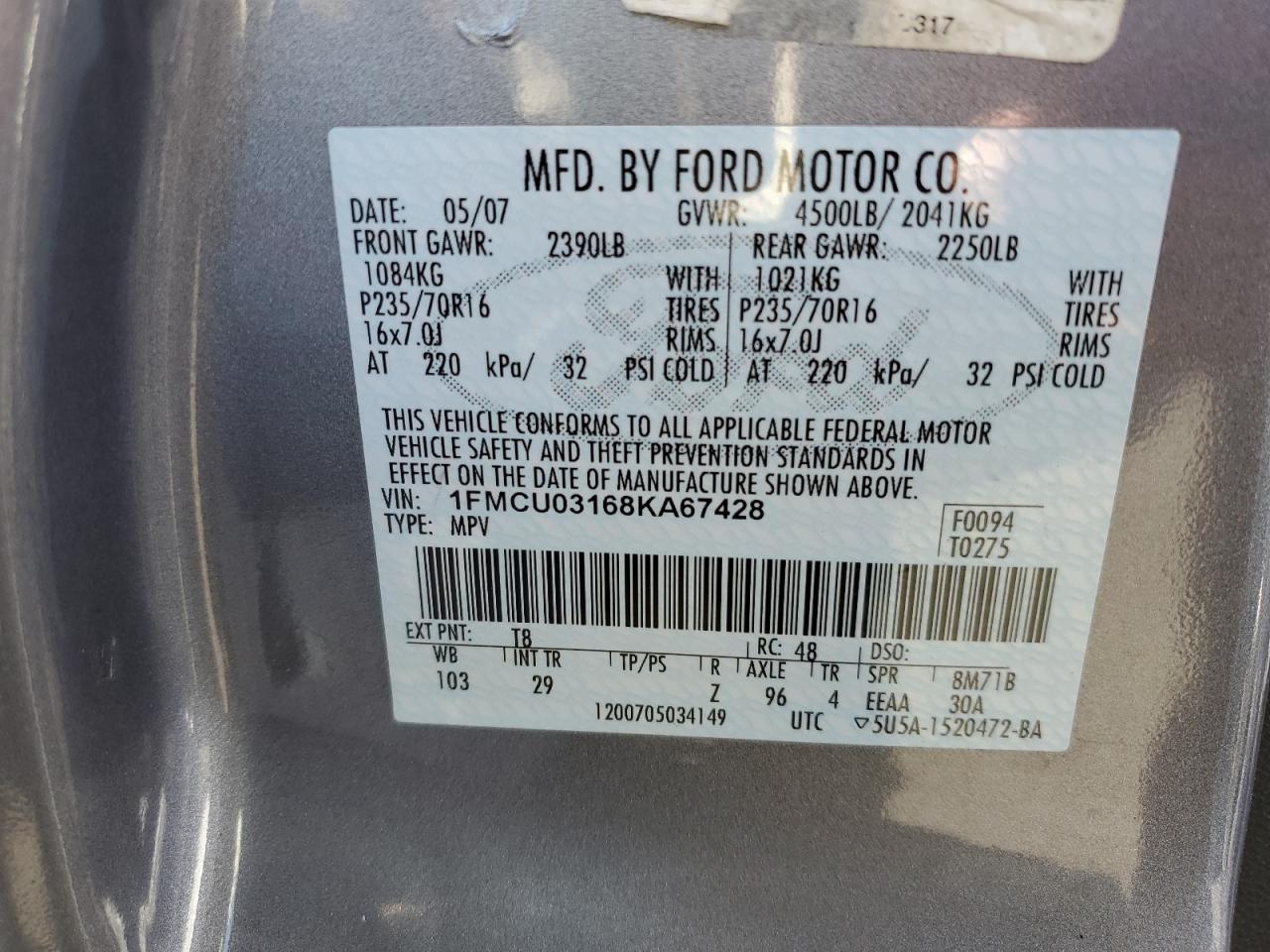 2008 Ford Escape VIN 1FMCU03168KA67428 Copart auction photo, side / minor dent/scratches damage thumbnail 15