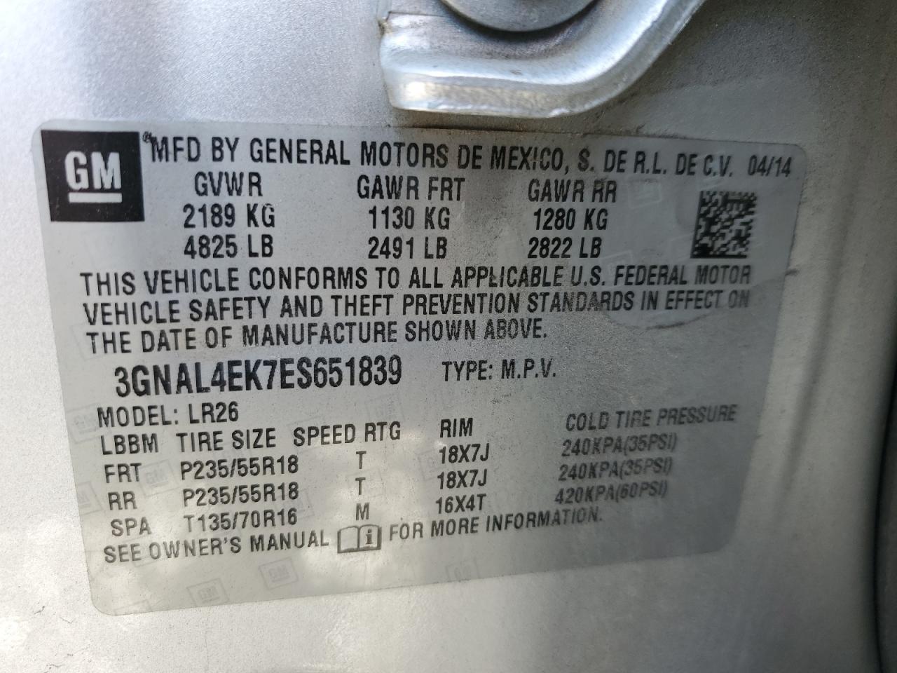 2014 Chevrolet Captiva VIN 3GNAL4EK7ES651839 Copart auction photo, front end damage thumbnail 15