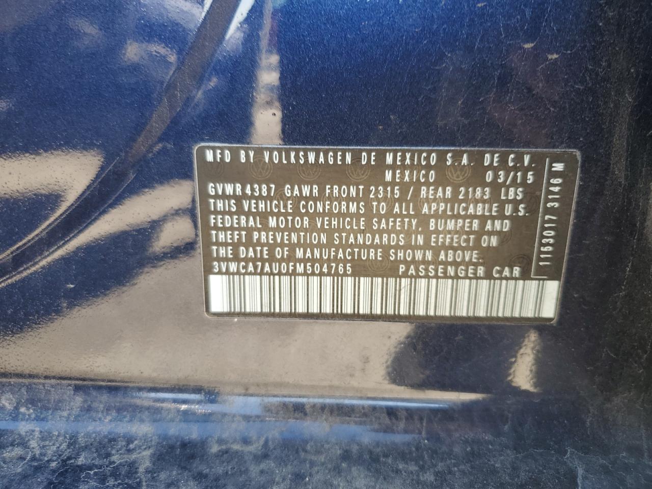 2015 Volkswagen Golf VIN 3VWCA7AU0FM504765 Copart auction photo, front end / rear end damage thumbnail 16