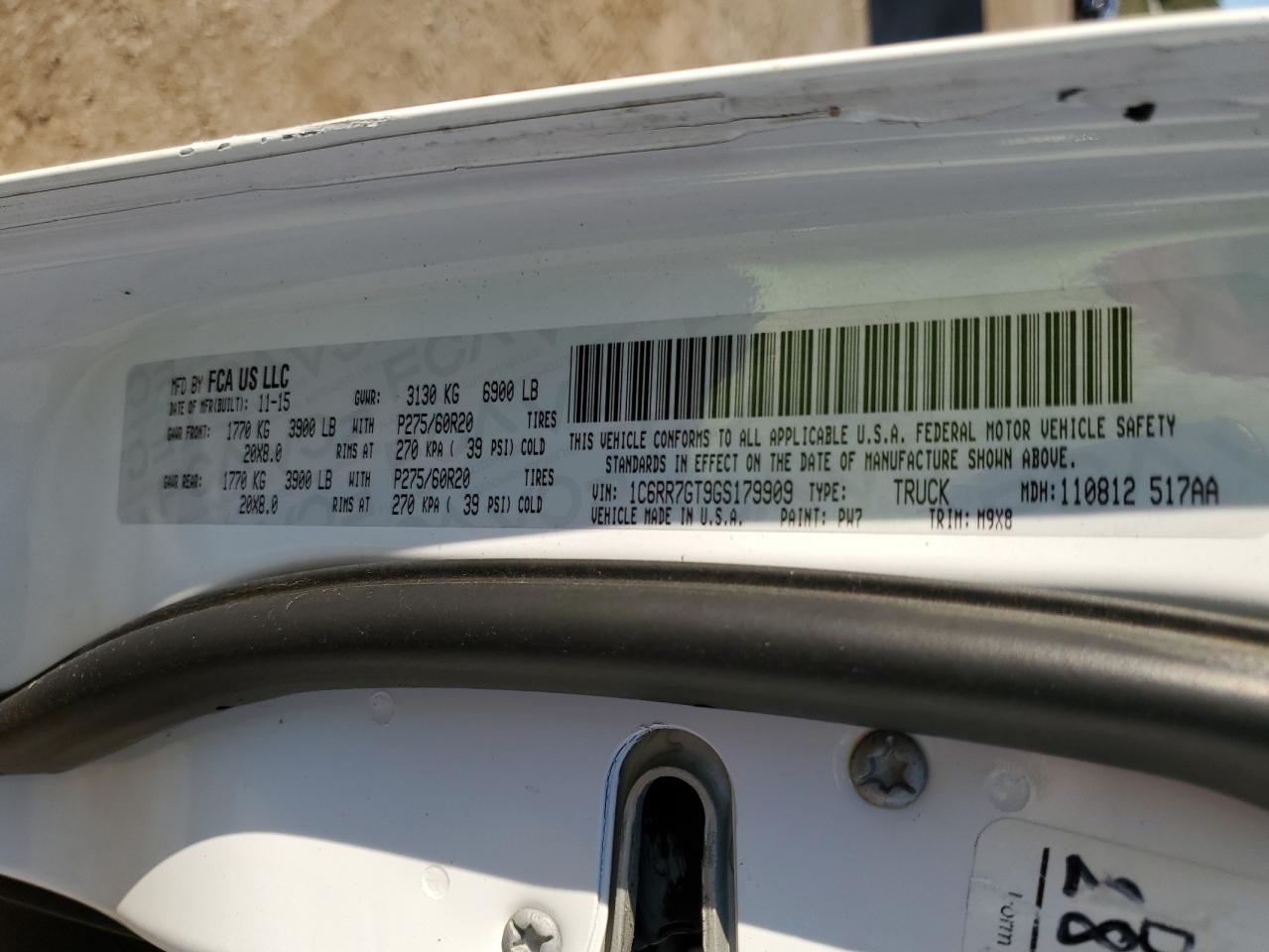 2016 RAM 1500 VIN 1C6RR7GT9GS179909 Copart auction photo, front end / rear end damage thumbnail 12