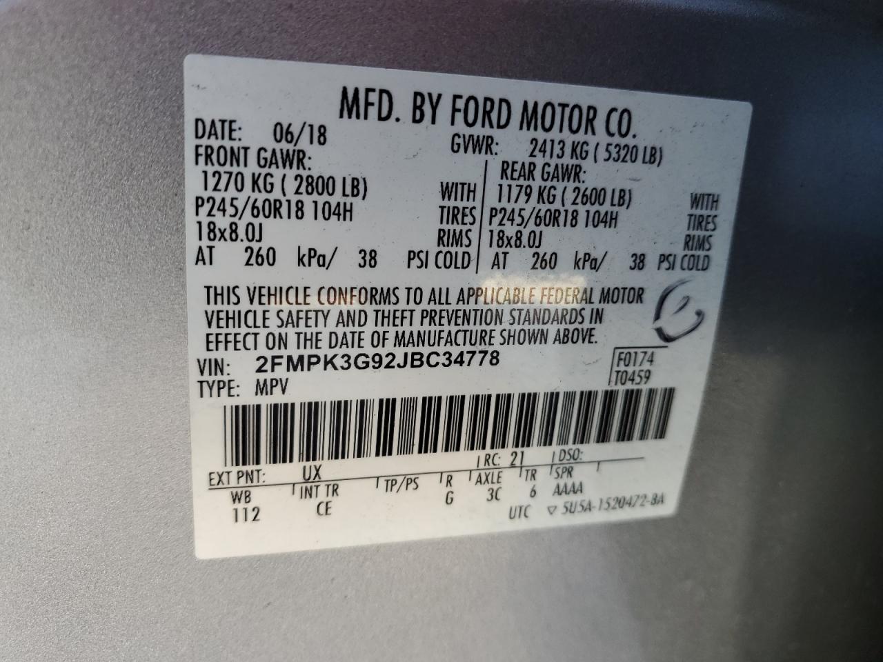 2018 Ford Edge VIN 2FMPK3G92JBC34778 Copart auction photo, rear end damage thumbnail 15