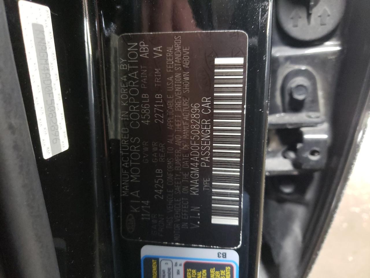 2015 KIA Optima VIN KNAGM4AD0F5082896 Copart auction photo, side / front end damage thumbnail 13