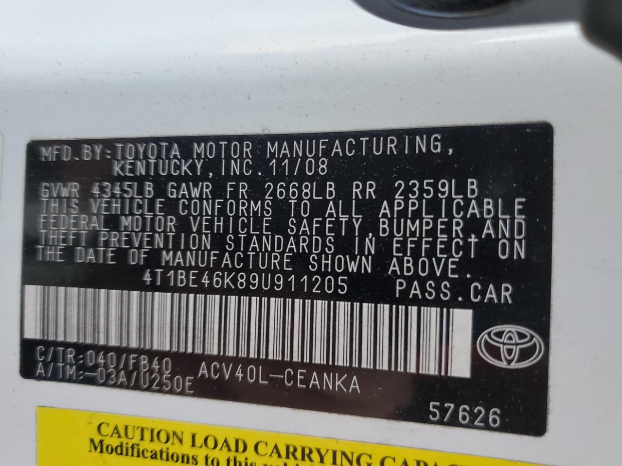 2009 Toyota Camry VIN 4T1BE46K89U911205 Copart auction photo, front end damage thumbnail 15