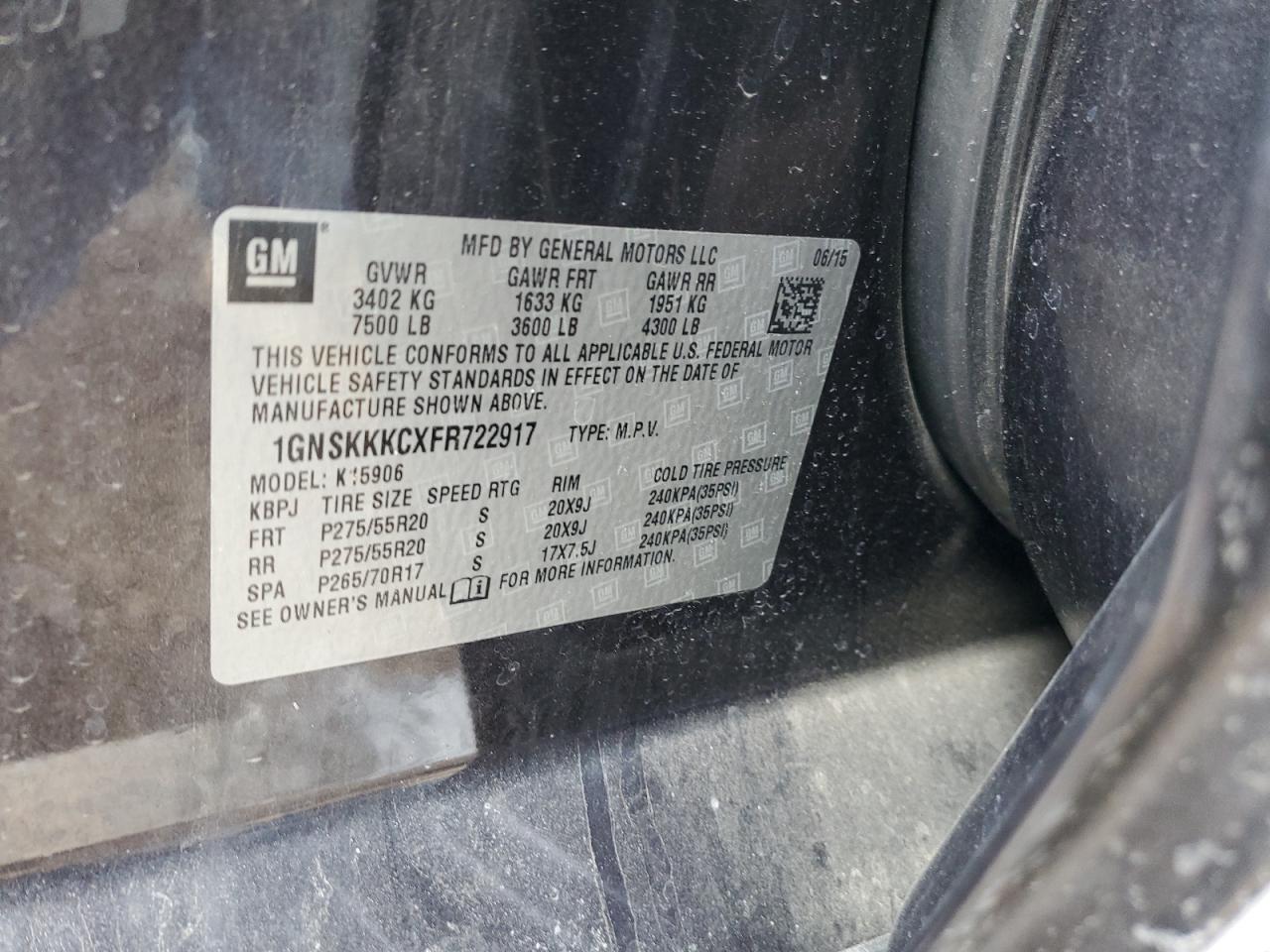 2015 Chevrolet Suburban VIN 1GNSKKKCXFR722917 Copart auction photo, side damage thumbnail 15