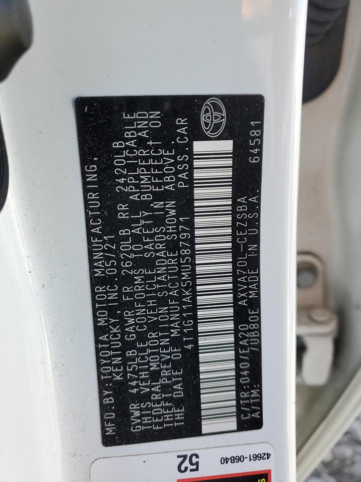 2021 Toyota Camry VIN 4T1G11AK5MU587971 Copart auction photo, front end damage thumbnail 13