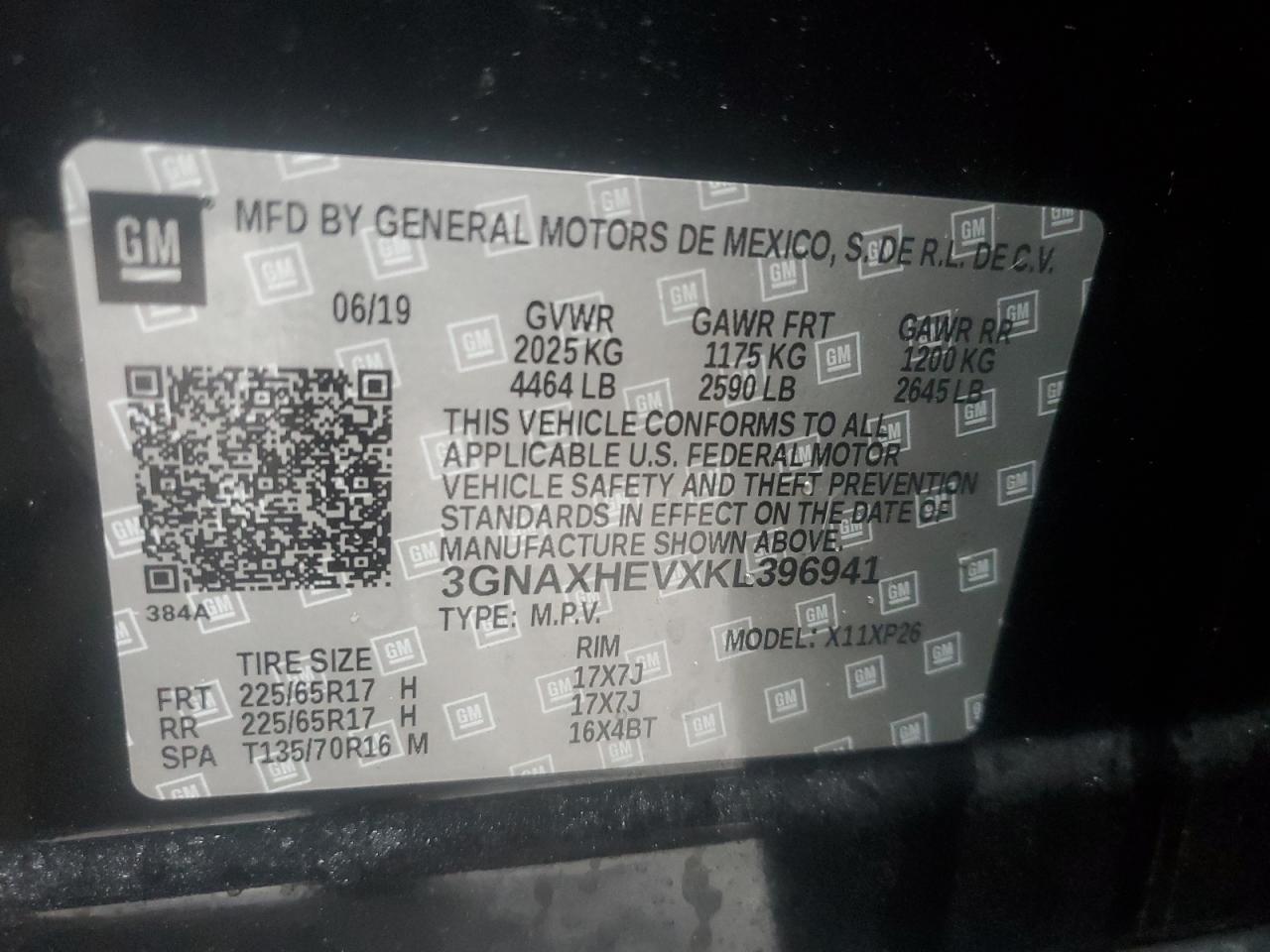 2019 Chevrolet Equinox VIN 3GNAXHEVXKL396941 Copart auction photo, front end / side damage thumbnail 15