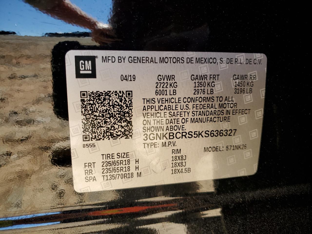 2019 Chevrolet Blazer VIN 3GNKBCRS5KS636327 Copart auction photo, front end / side damage thumbnail 13