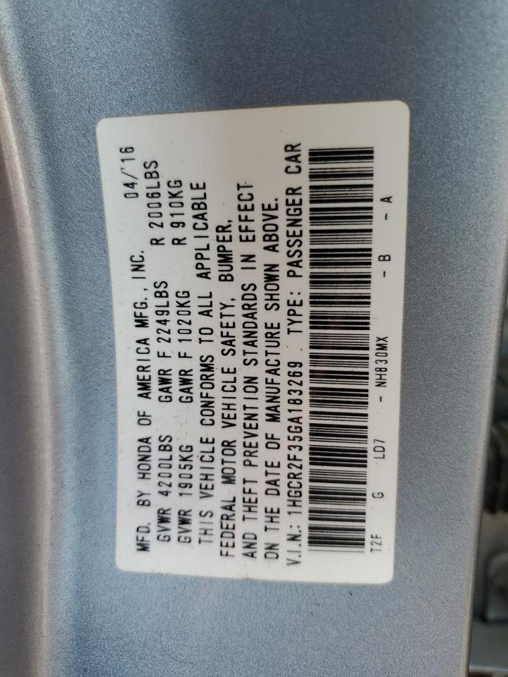 2016 Honda Accord VIN 1HGCR2F35GA183269 Copart auction photo, front end / side damage thumbnail 15