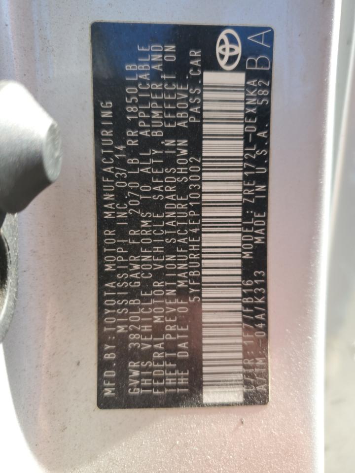 2014 Toyota Corolla VIN 5YFBURHE4EP103002 Copart auction photo, front end / side damage thumbnail 15