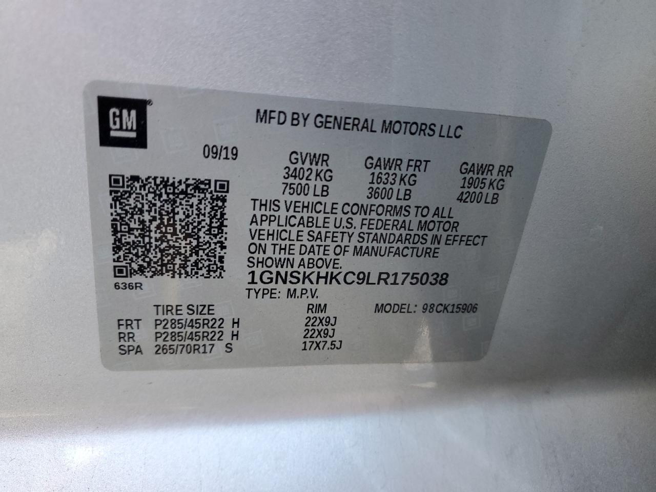 2020 Chevrolet Suburban VIN 1GNSKHKC9LR175038 Copart auction photo, front end damage thumbnail 13