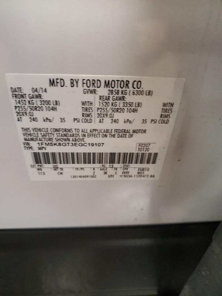2014 Ford Explorer VIN 1FM5K8GT3EGC19107 Copart auction photo, rear end damage thumbnail 14