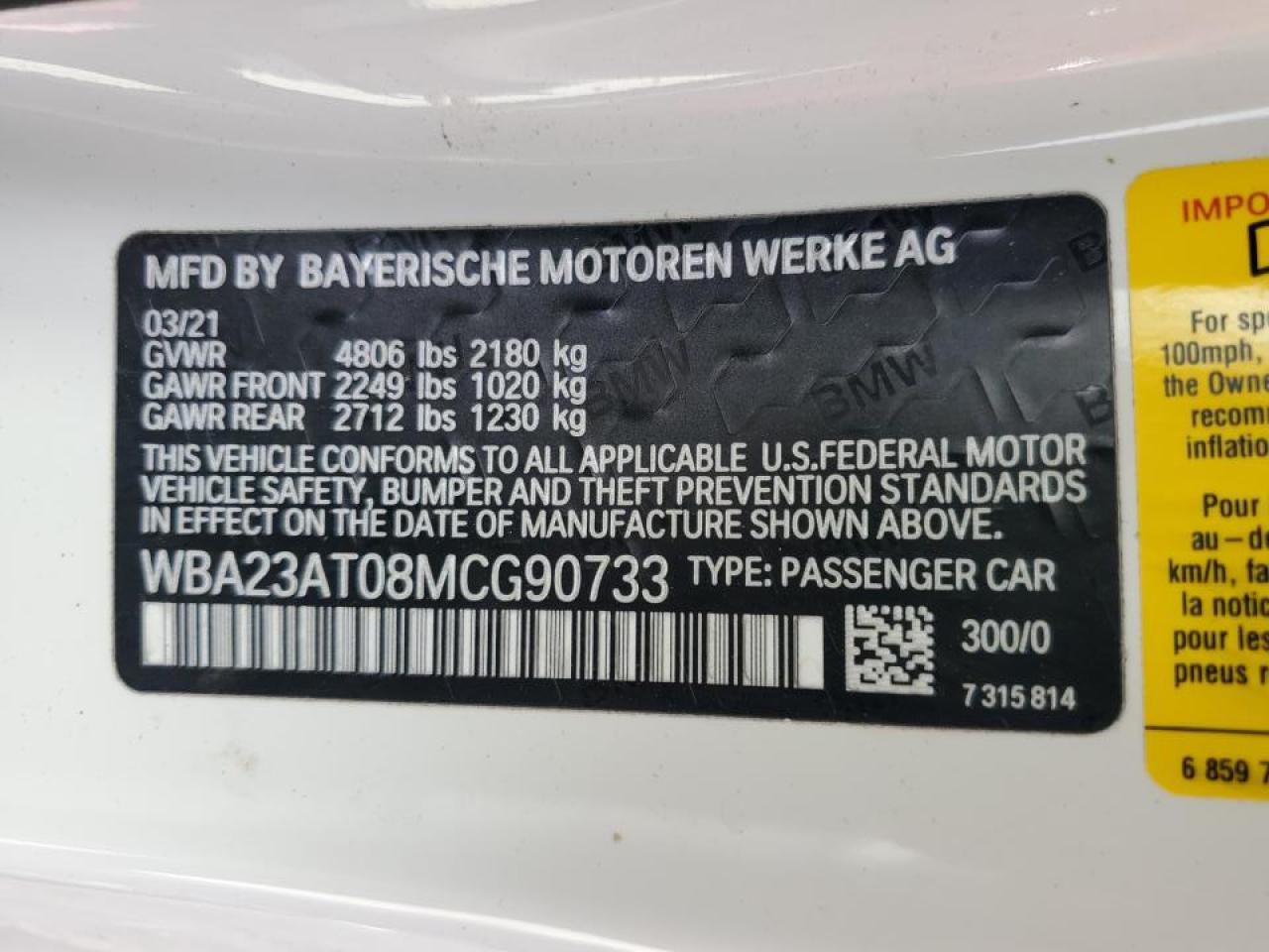 2021 BMW 4er VIN WBA23AT08MCG90733 Copart auction photo, front end damage thumbnail 13