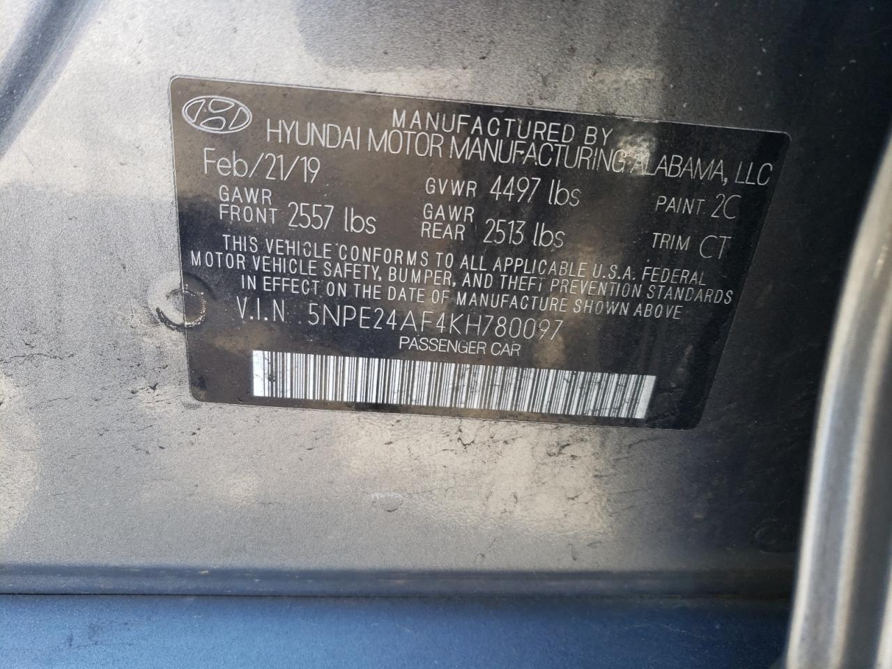2019 Hyundai Sonata VIN 5NPE24AF4KH780097 Copart auction photo, front end / minor dent/scratches damage thumbnail 12