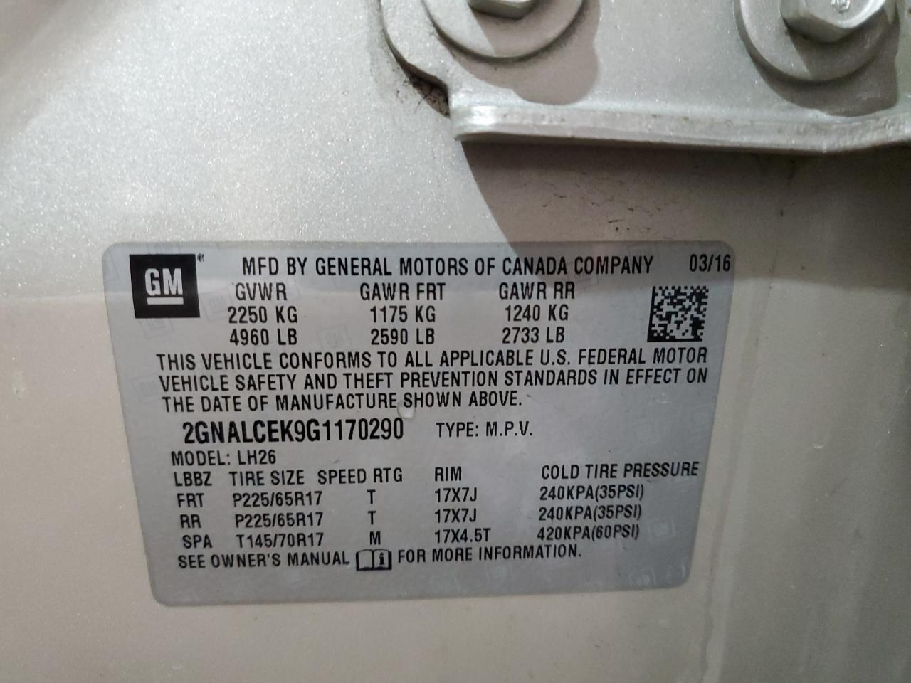 2016 Chevrolet Equinox VIN 2GNALCEK9G1170290 Copart auction photo, front end damage thumbnail 13