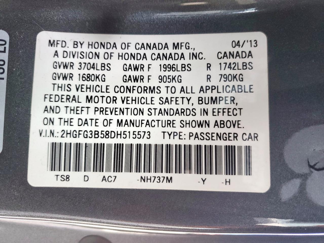 2013 Honda Civic VIN 2HGFG3B58DH515573 Copart auction photo, front end damage thumbnail 12