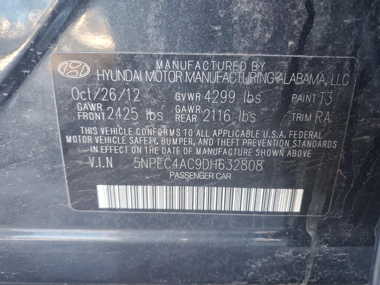2013 Hyundai Sonata VIN 5NPEC4AC9DH632808 Copart auction photo, front end / rear end damage thumbnail 13