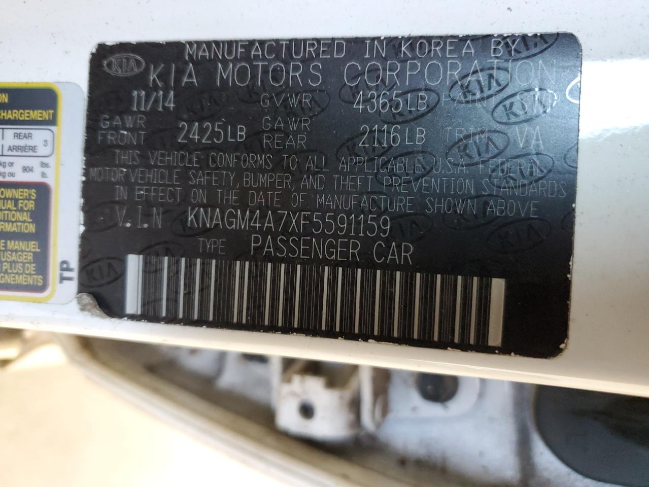 2015 KIA Optima VIN KNAGM4A7XF5591159 Copart auction photo, minor dent/scratches damage thumbnail 12