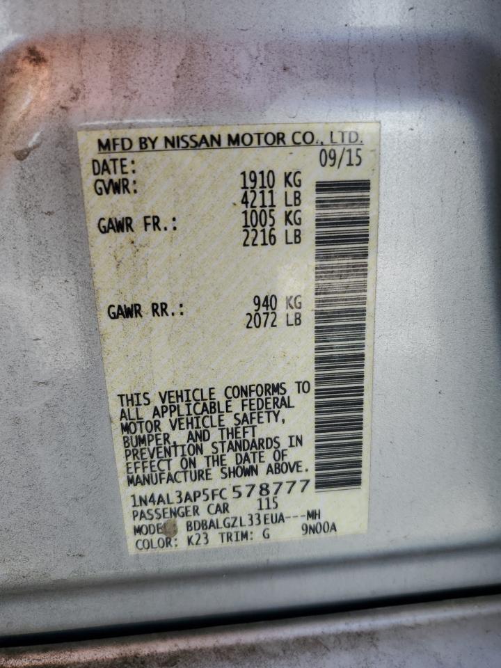 2015 Nissan Altima VIN 1N4AL3AP5FC578777 Copart auction photo, minor dent/scratches damage thumbnail 12
