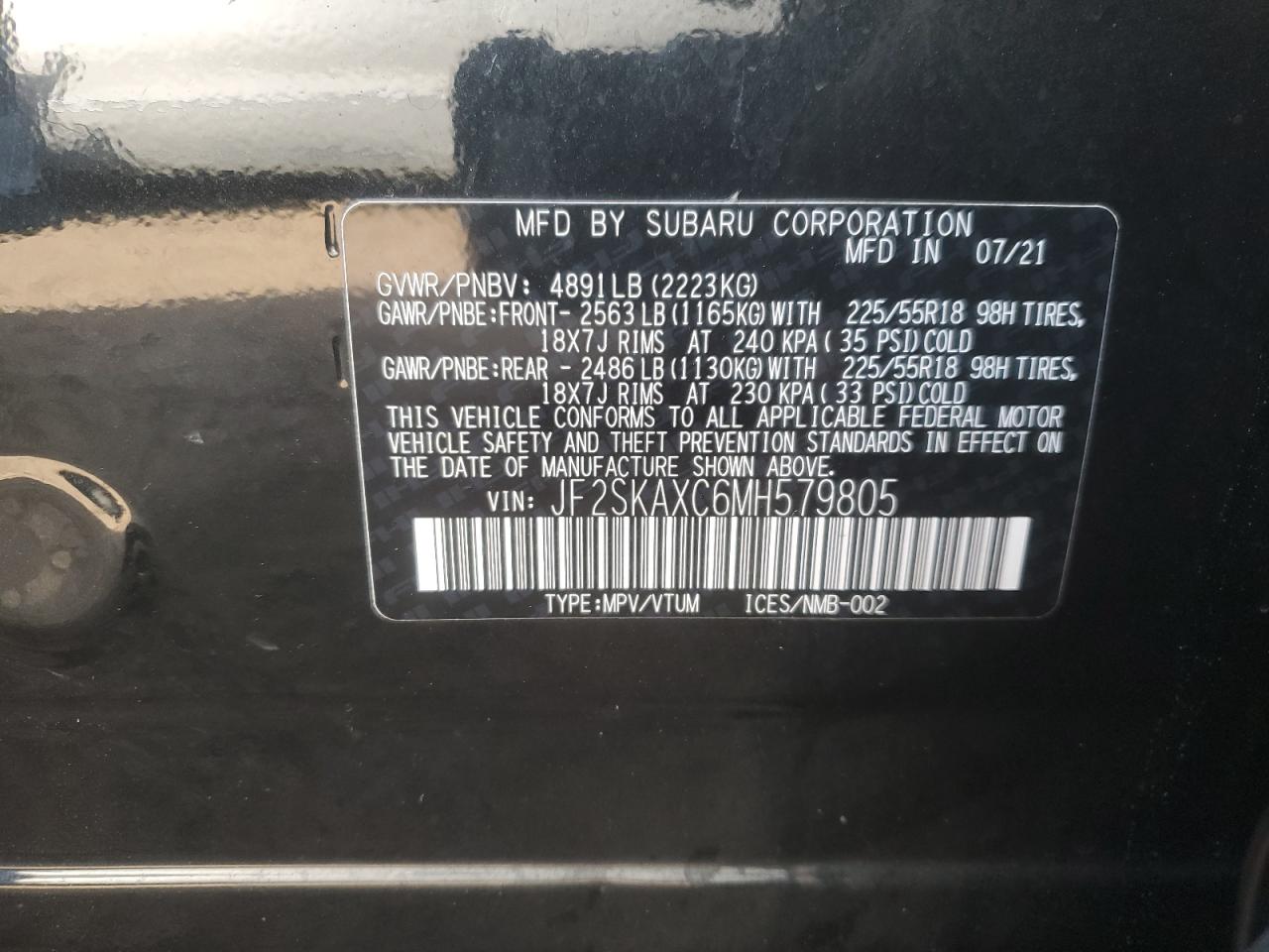 2021 Subaru Forester VIN JF2SKAXC6MH579805 Copart auction photo, all over damage thumbnail 15