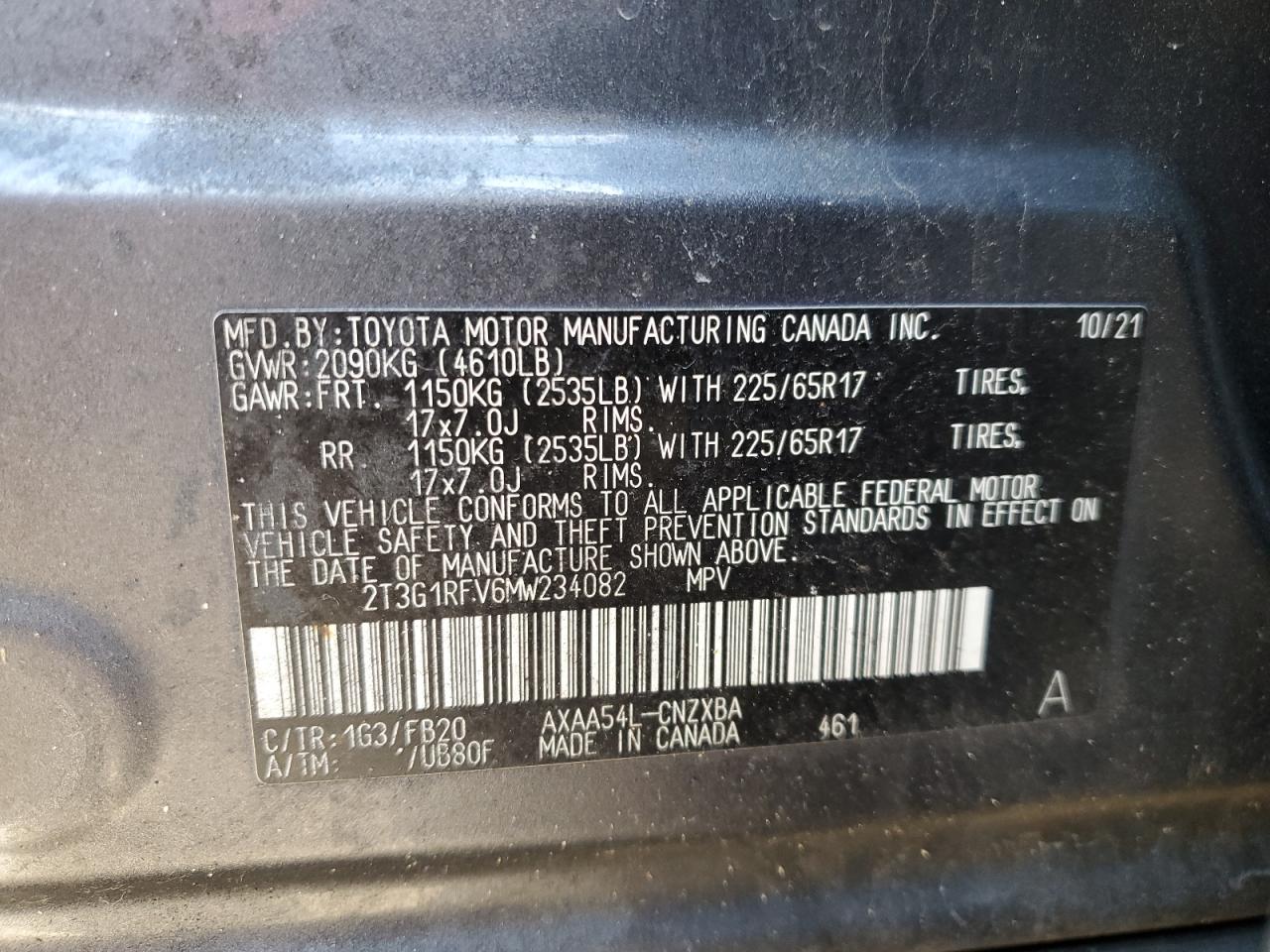 2021 Toyota RAV 4 VIN 2T3G1RFV6MW234082 Copart auction photo, rear end damage thumbnail 15
