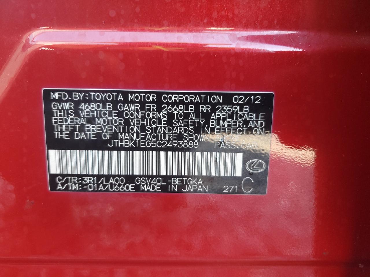 2012 Lexus ES VIN JTHBK1EG5C2493888 Copart auction photo, front end damage thumbnail 12