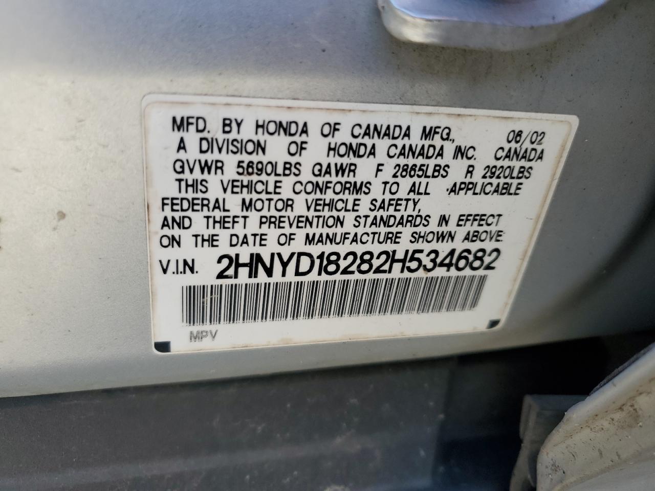 2002 Acura MDX VIN 2HNYD18282H534682 Copart auction photo, front end / side damage thumbnail 13