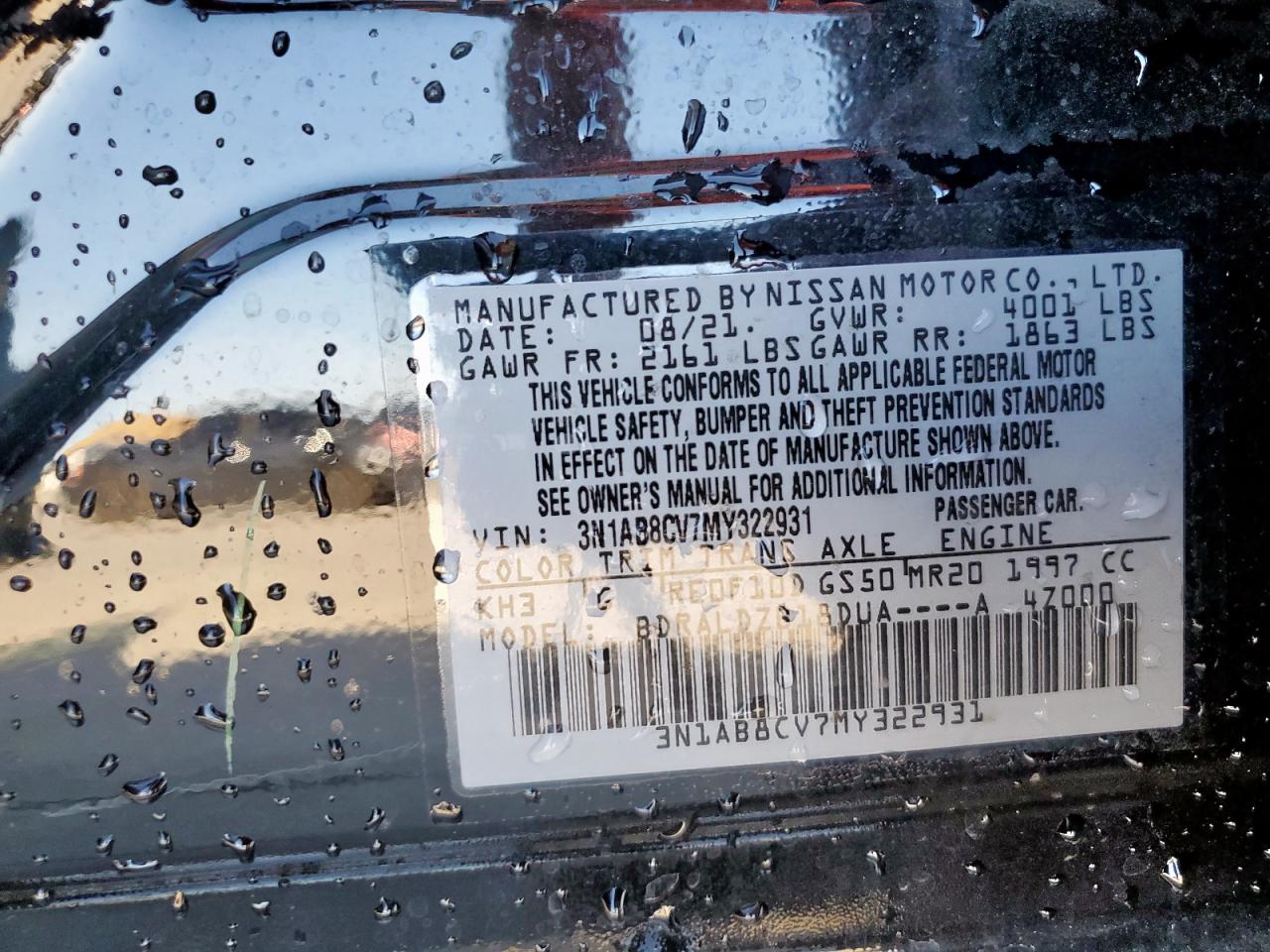 2021 Nissan Sentra VIN 3N1AB8CV7MY322931 Copart auction photo, rear end / front end damage thumbnail 13