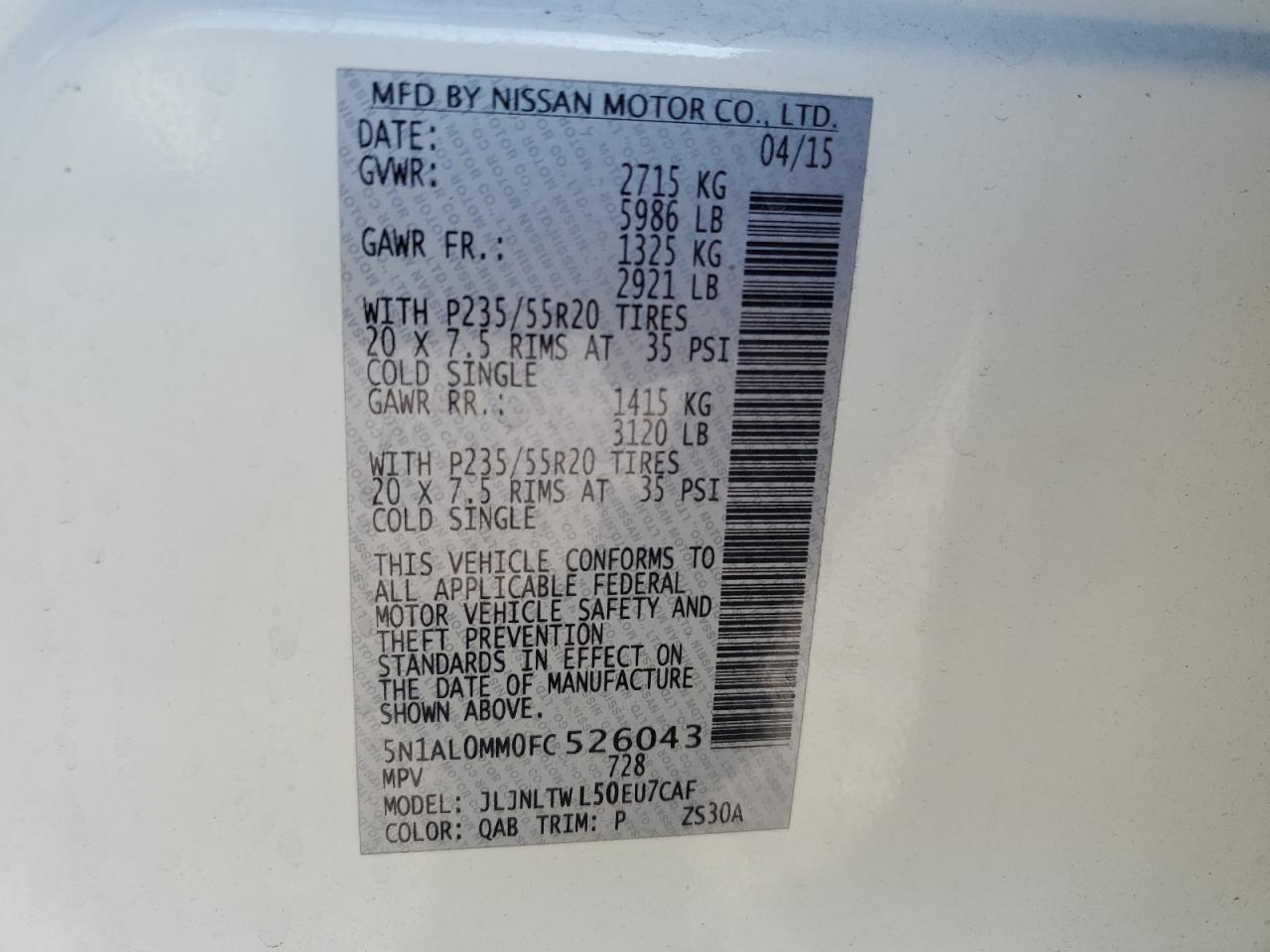 2015 Infiniti QX60 VIN 5N1AL0MM0FC526043 Copart auction photo, rear end damage thumbnail 13