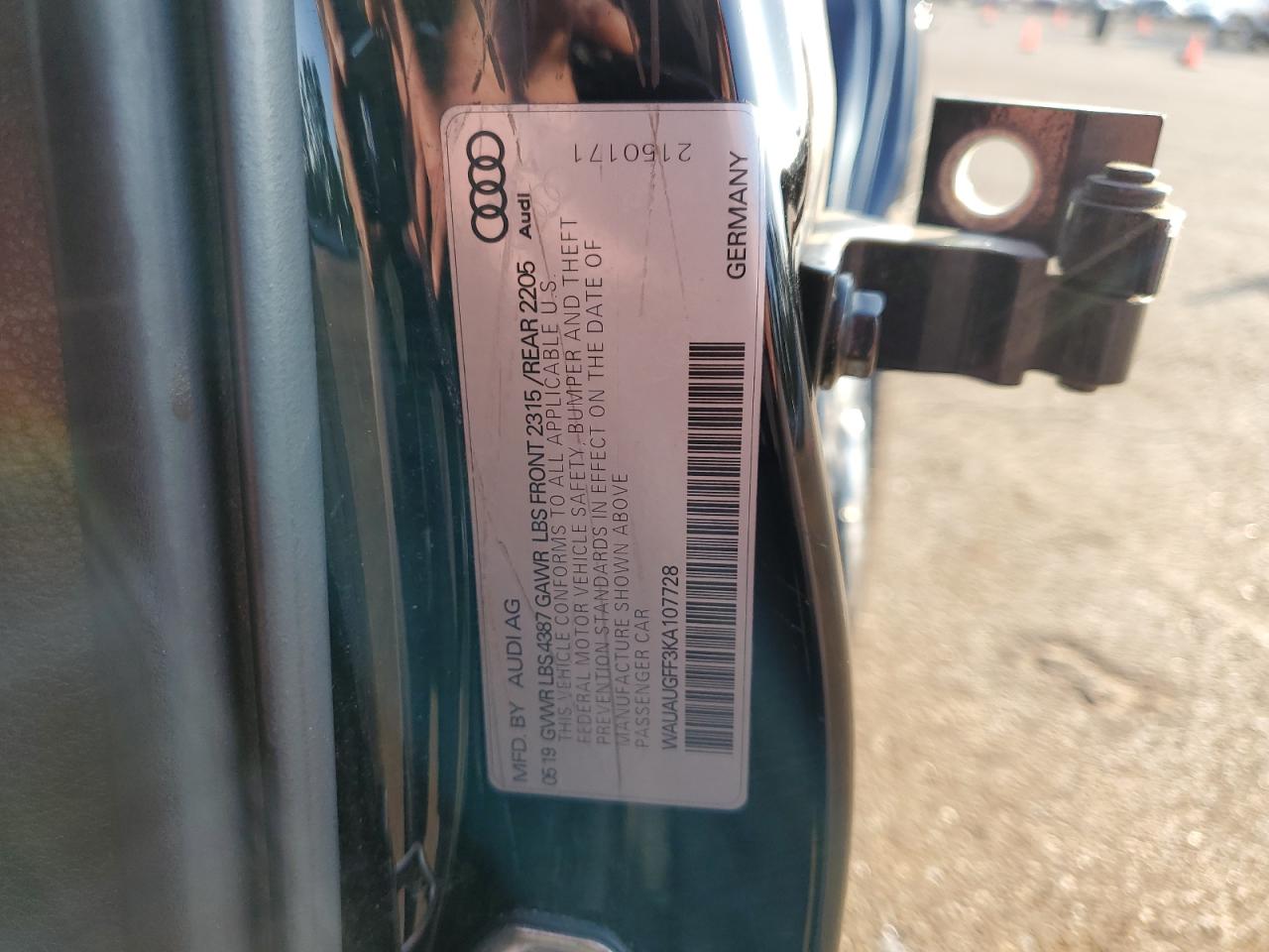 2019 Audi A3 VIN WAUAUGFF3KA107728 Copart auction photo, side / rear end damage thumbnail 12