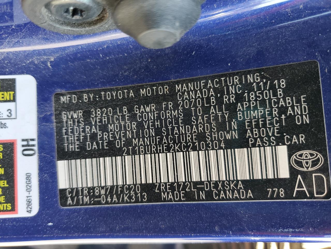 2019 Toyota Corolla VIN 2T1BURHE2KC210304 Copart auction photo, vandalism / side damage thumbnail 12
