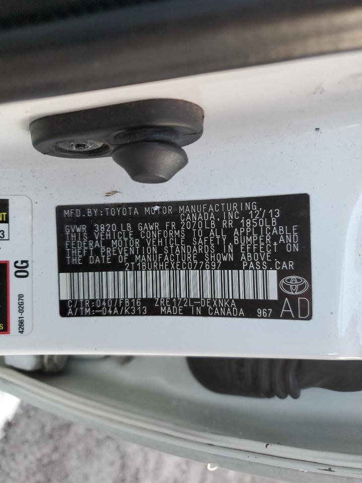 2014 Toyota Corolla VIN 2T1BURHEXEC077697 Copart auction photo, front end / side damage thumbnail 12