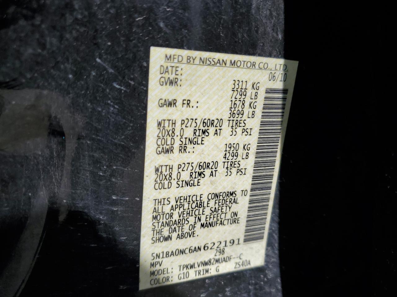 2010 Nissan Armada VIN 5N1BA0NC6AN622191 Copart auction photo, mechanical damage thumbnail 13