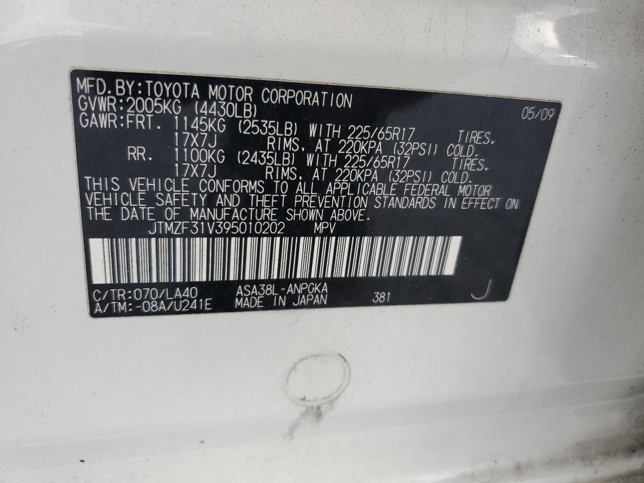 2009 Toyota RAV 4 VIN JTMZF31V395010202 Copart auction photo, water/flood damage thumbnail 14