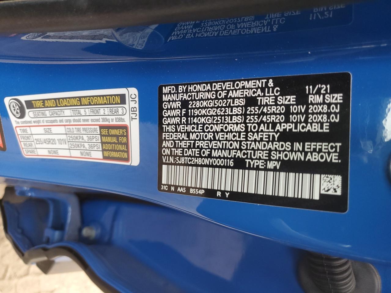 2022 Acura RDX VIN 5J8TC2H80NY000116 Copart auction photo, side damage thumbnail 14