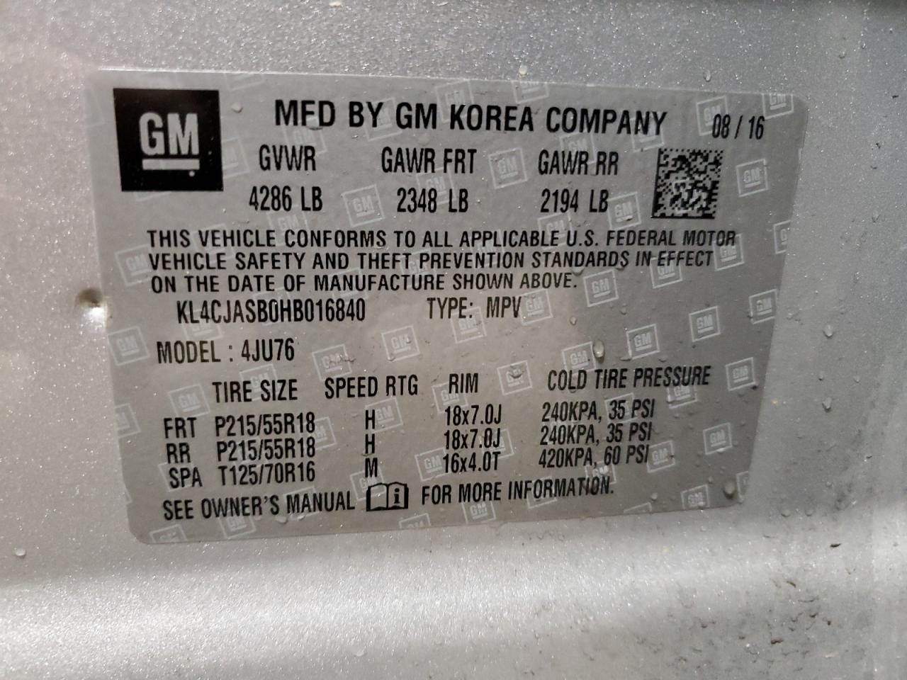 2017 Buick Encore VIN KL4CJASB0HB016840 Copart auction photo, rear end / side damage thumbnail 12