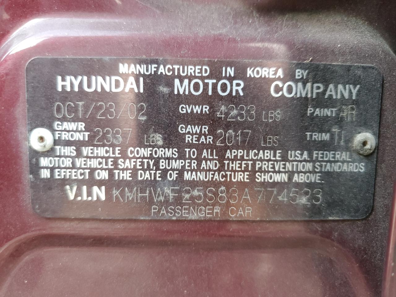 2003 Hyundai Sonata VIN KMHWF25S83A774523 Copart auction photo, rear end / side damage thumbnail 12