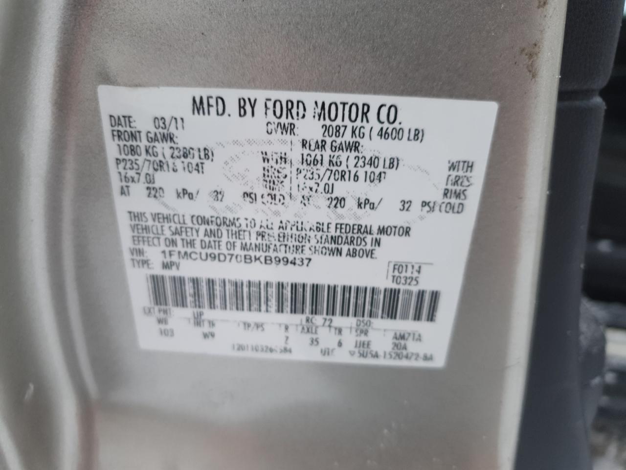 2011 Ford Escape VIN 1FMCU9D70BKB99437 Copart auction photo, front end damage thumbnail 12