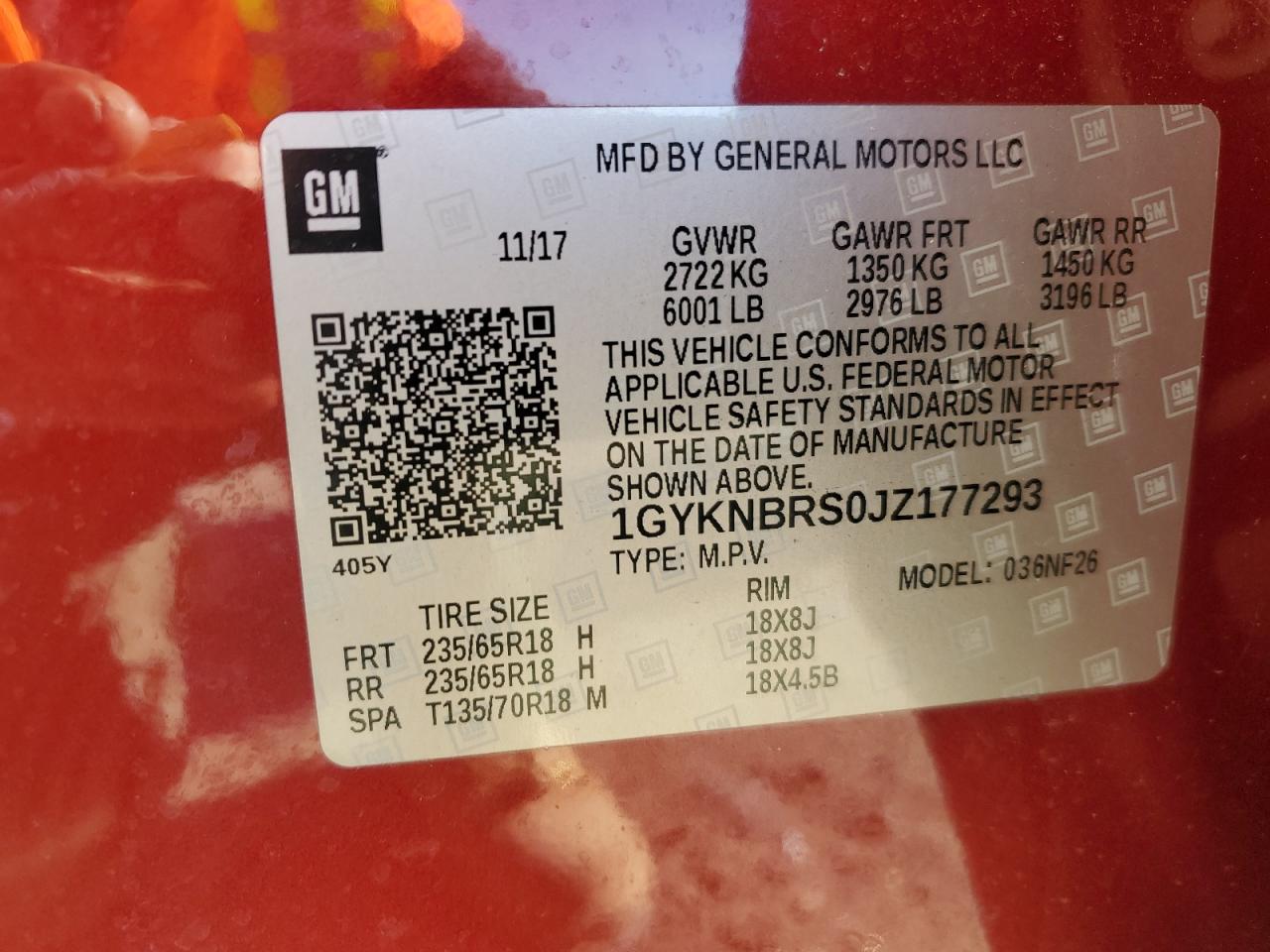 2018 Cadillac XT5 VIN 1GYKNBRS0JZ177293 Copart auction photo, rear end / side damage thumbnail 13