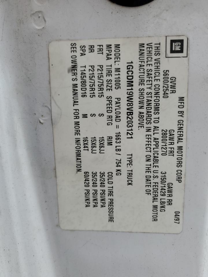 1997 Chevrolet Astro VIN 1GCDM19W8VB203121 Copart auction photo, rear end / mechanical damage thumbnail 15