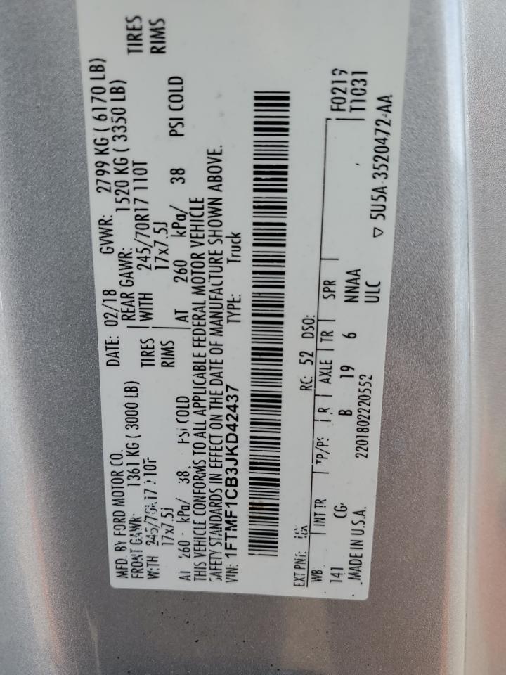 2018 Ford F-150 VIN 1FTMF1CB3JKD42437 Copart auction photo, front end / side damage thumbnail 12